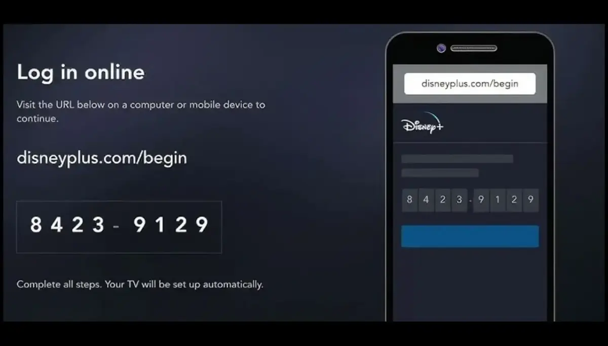 Smart TV screen showing the ://disneyplus.com code page alongside a mobile phone browser entering the 8-digit activation code.
